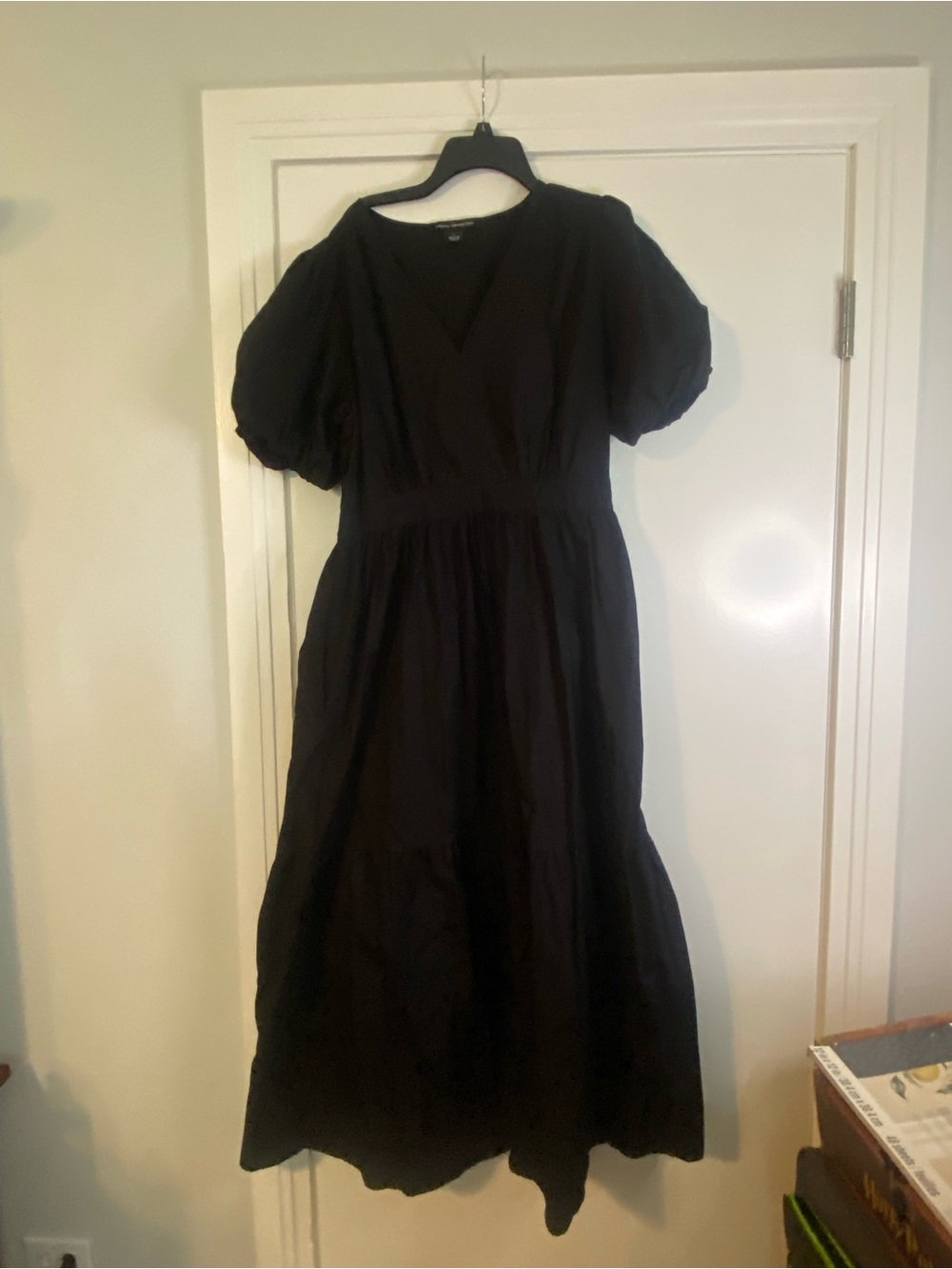 French Connection Black Puff-Sleeve Poplin Tiered Maxi Dress